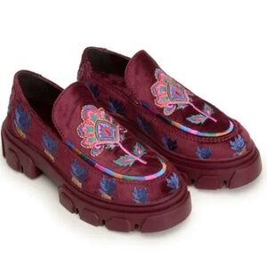 Farm Rio Burgundy Embroidered Lug Sole Slip On Loafer